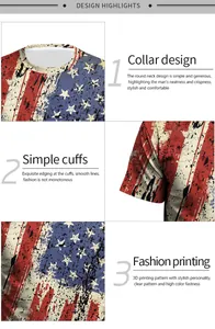 Detail of round neckline and 3D digital American flag print on a men's t-shirt