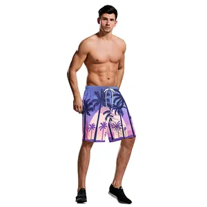 Short de bain homme imprimé palmier coucher de soleil avec cordon de serrage réglable