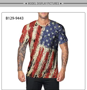 Close-up of vintage American flag digital print on a men's casual crew neck t-shirt