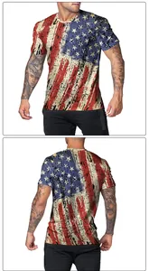 Detailed front and back view of retro American flag print on men's round neck T-shirt