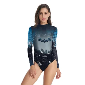 Maillot de Bain Une Pièce à Manches Longues pour Femmes Impression Numérique 3D Body Coupe Ajustée Col Montant Halloween
