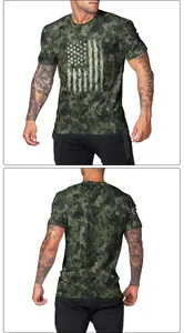Detail showing distressed US flag print on digital camouflage tactical t-shirt for men