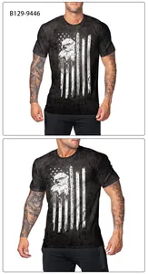 Detail of vintage eagle and distressed American flag print on men's black t-shirt