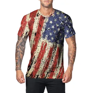 Men's slim fit T-shirt featuring vintage distressed American flag digital print design