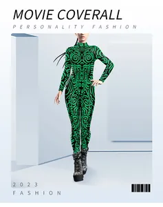 Detail of MOVIE COVERALL showing green and black spiral pattern on long sleeve bodysuit