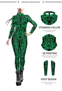 Detail of high collar and 3D geometric digital print on slim fit bodysuit