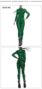 Front and back view of long-sleeve bodysuit with green tribal geometric digital prints