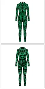 Front and back detail of a long sleeve jumpsuit with tribal swirl geometric print