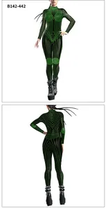 Front and back view of geometric neon green print on black bodysuit jumpsuit