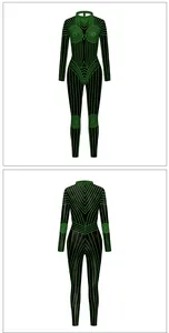 Front and back view of a futuristic black and neon green geometric print jumpsuit