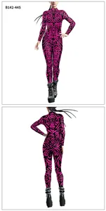 Detail view of pink and black geometric spiral print bodysuit with front and back perspective