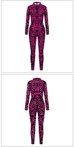 Detailed front and back view of a pink and black geometric pattern bodysuit with back zipper