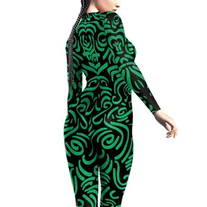 Sleek women's bodysuit with black and green geometric digital prints for athletic wear