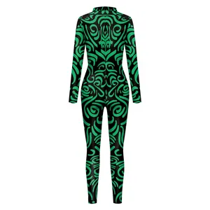 Women's long sleeve jumpsuit featuring green tribal geometric prints and back zipper