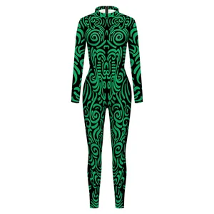 Women geometric digital print bodysuit with long sleeves and tribal pattern