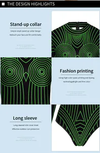 Detail view of stand-up collar and high-color printing on long sleeve swimsuit
