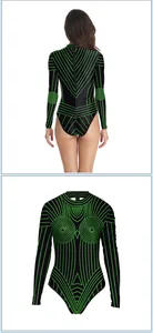 Detail view of black long-sleeve bodysuit with neon green geometric cyber patterns