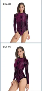 Detail of high-stretch bodysuit with purple geometric lines and high-cut long sleeves