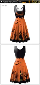 Front and back view of Halloween sleeveless A-line dress with pumpkin and bat prints