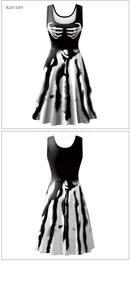 Front and back view of sleeveless Halloween dress with bone hand print and striped skirt