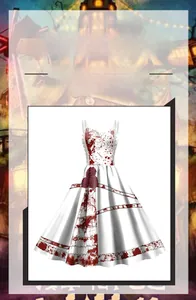 Detail of white A-line dress featuring realistic red blood splatter and rose digital print