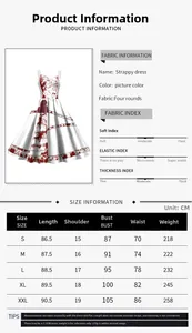 Detailed size chart for the Halloween digital print strappy dress with product specs