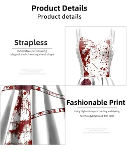 Detail view of thin straps and bloody rose digital print on white Halloween dress