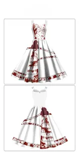 Detailed front and back view of a white Halloween dress with blood splatter and rose print
