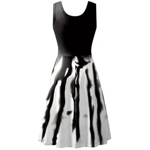 Sleeveless Halloween A-line dress with black bodice and white abstract bone print