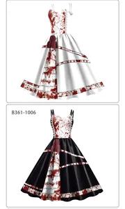 Detail of Halloween camisole dresses with blood splatter print and rose decoration