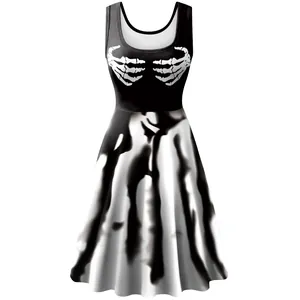 Halloween sleeveless skater dress with skeletal hand prints and striped flared skirt