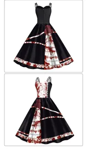 Detail view of gothic Halloween dress with blood splatter print and red rose accents