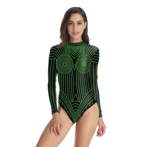 Long sleeve bodysuit with green geometric lines and digital print for women
