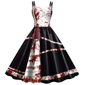 Halloween sleeveless A-line dress with gothic blood splatter print and red roses