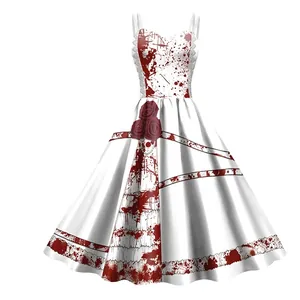 Halloween Horror Blood Splatter Print Sleeveless Sling Dress Gothic Rose Decoration A-Line Pleated Party Costume For Women