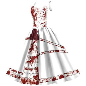 Women's Halloween dress with bloody prints, red roses and waist lace details