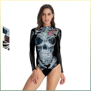 Maillot de Bain Une Pièce à Manches Longues pour Femmes Halloween Crâne Rose Imprimé Body Gothique Col Montant Coupe Slim Vêtements de Plage