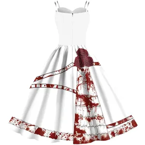 White Halloween dress with red blood splatter patterns and dark rose waist details