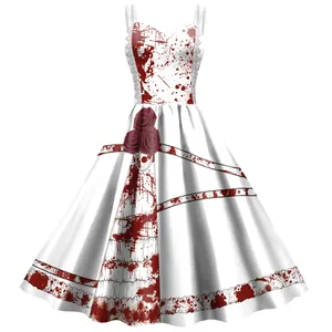 Retro Halloween A-line sundress with red blood splatter print and rose waist detail