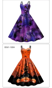 Details der Halloween-Trägerkleider mit Kürbis-, Fledermaus- und Spinnennetz-Digitaldruck