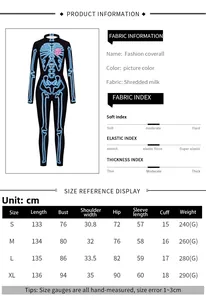 Tableau des tailles détaillé pour la combinaison femme Halloween imprimé squelette 3D