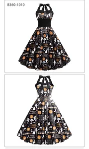 Détails avant et arrière de la robe vintage Halloween avec motifs citrouille et fantôme
