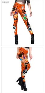 Détails du legging d'Halloween orange pour femme avec motifs araignées et squelettes