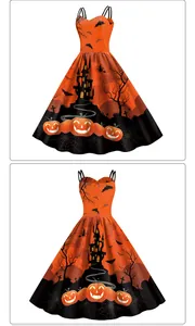 Vorder- und Rückansicht des Halloween A-Linien-Kleids mit Kürbis- und Fledermaus-Print
