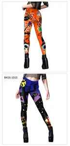 Détails de leggings d'Halloween avec motifs citrouille et squelette sur tissu élastique