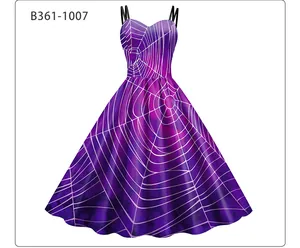 Detail des lila Halloween-Kleides mit Spinnennetzdruck und eleganter A-Linien-Silhouette