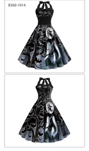 Vue détaillée avant et arrière de la robe d'Halloween avec motifs de sorcière et chauve-souris