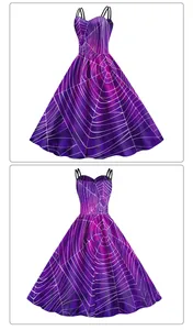Vorder- und Rückansicht des lila Halloween A-Linien-Kleids mit Spinnennetz-Print