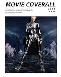 Close-up of Halloween skeleton bodysuit with high-definition digital bone print detail