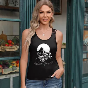Schwarzes Oberteil mit Totenkopf Rose Print und Believe Yourself Schriftzug Motiv